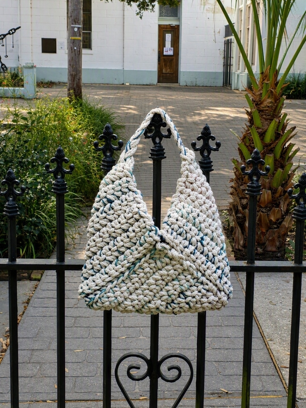 Handcrafted Cream & Teal Crochet Shoulder Bag